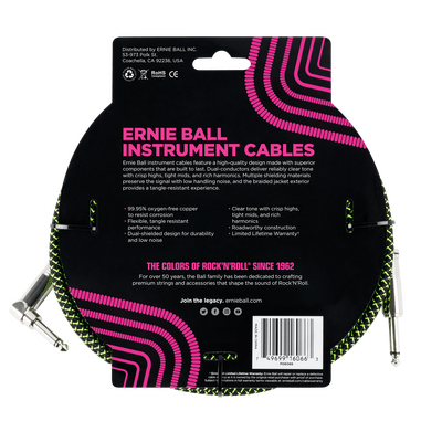 Ernie Ball 25ft Braided Instrument Cable Lead - Black/Green