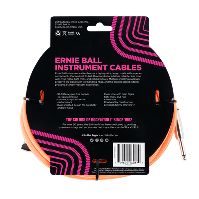 Ernie Ball 25ft Braided Instrument Cable Lead - Neon Orange